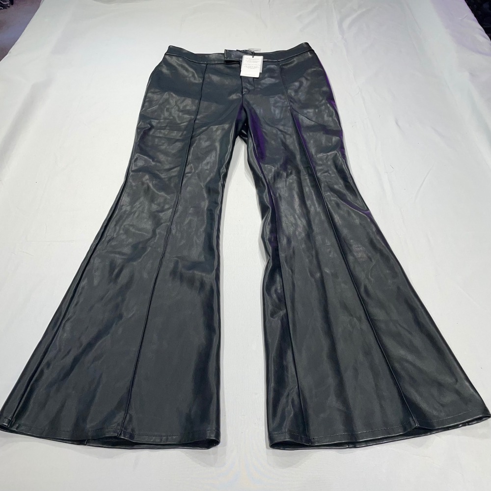 7 For All Mankind Womens Black Faux Vegan Leather Flare Wide Leg Pants Size L